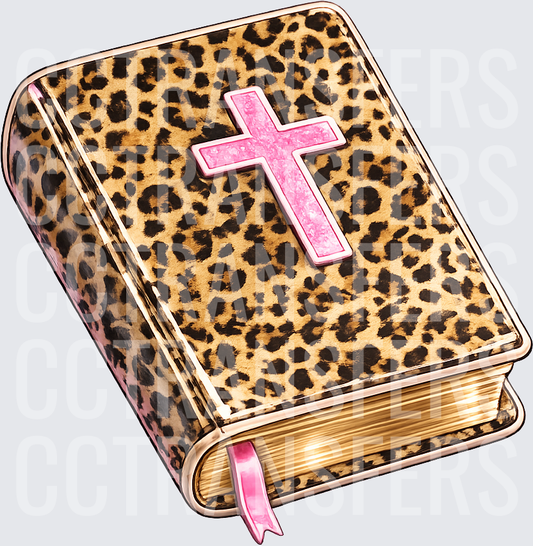 Leopard Print Bible with Pink Cross and Bookmark (DTF)