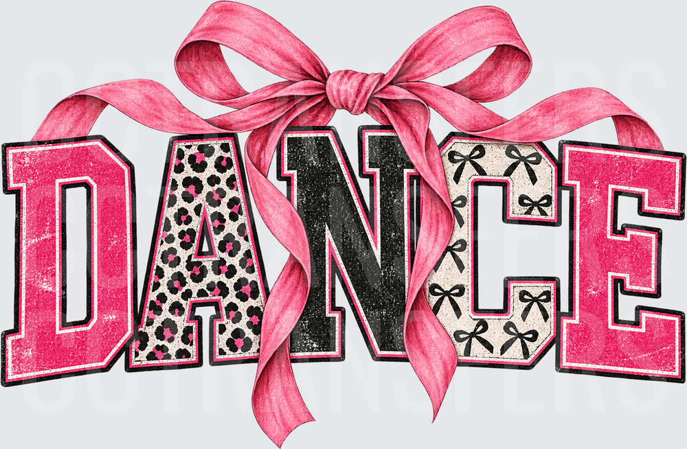 DANCE Varsity Letters Leopard Bow Pattern Pink Ribbon (DTF)