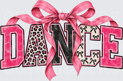 DANCE Varsity Letters Leopard Bow Pattern Pink Ribbon (DTF)