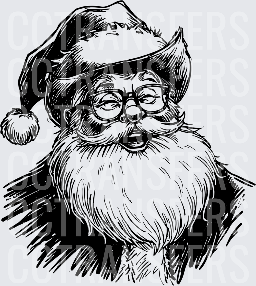 Black Ink Laughing Santa Claus With Glasses Sketch (DTF)