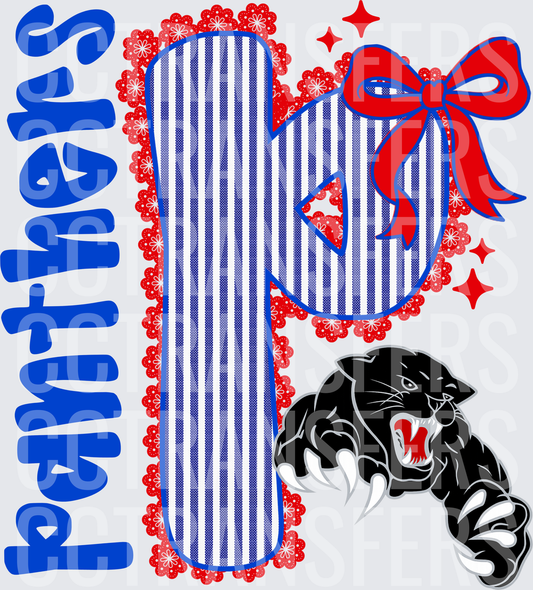 Panthers Letter P Blue Stripe Red Bow Black Cat (DTF)