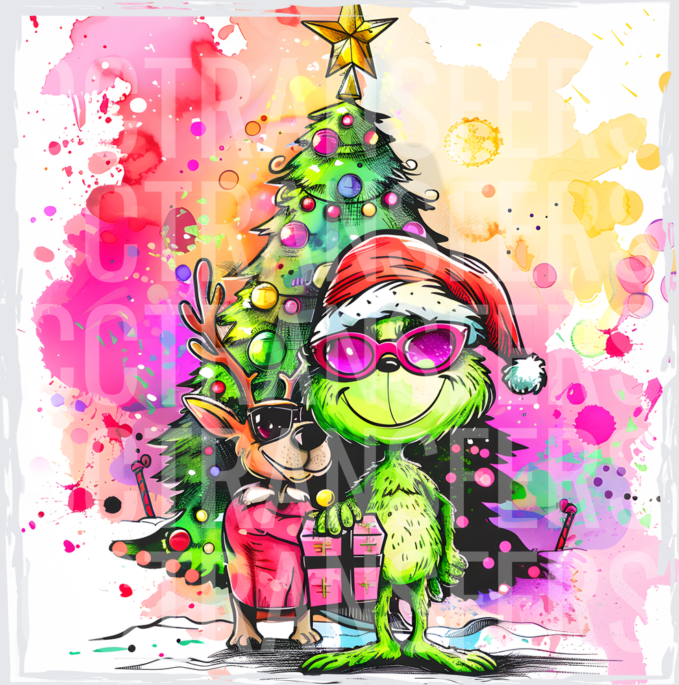 Colorful G-Man Santa & Reindeer Christmas Tree Watercolor (DTF)