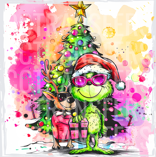 Colorful G-Man Santa & Reindeer Christmas Tree Watercolor (DTF)