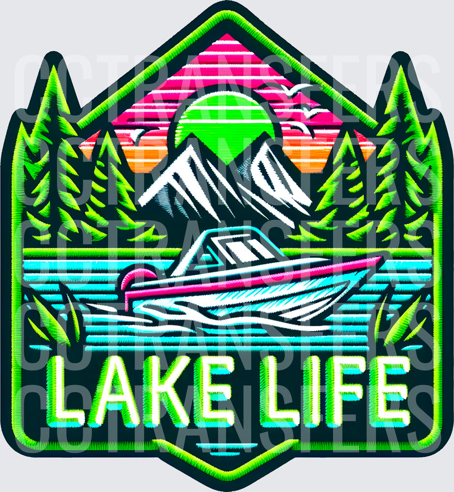 Lake Life Neon Retro Speedboat Mountain Badge (DTF)