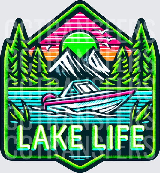 Lake Life Neon Retro Speedboat Mountain Badge (DTF)