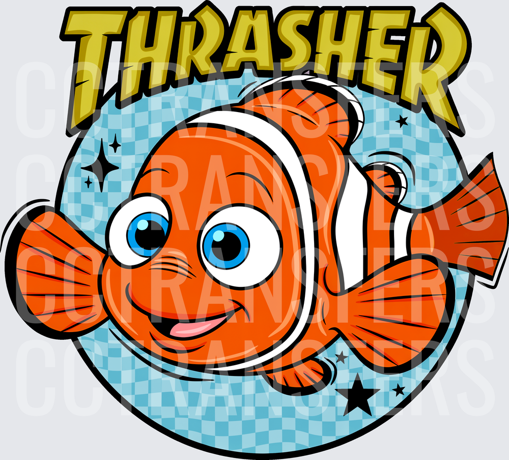 Thrasher Clownfish Cartoon Blue Checker Circle (DTF)