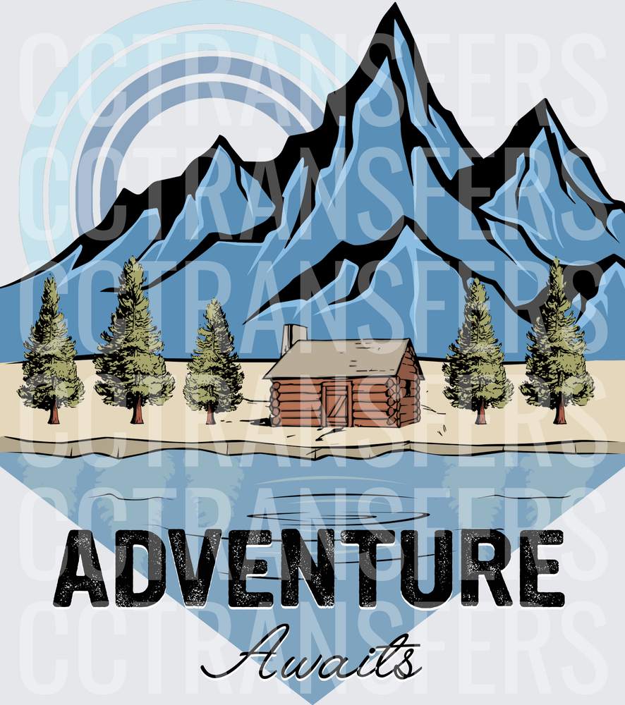 Adventure Awaits Mountain Cabin Lake Heart Design (DTF)