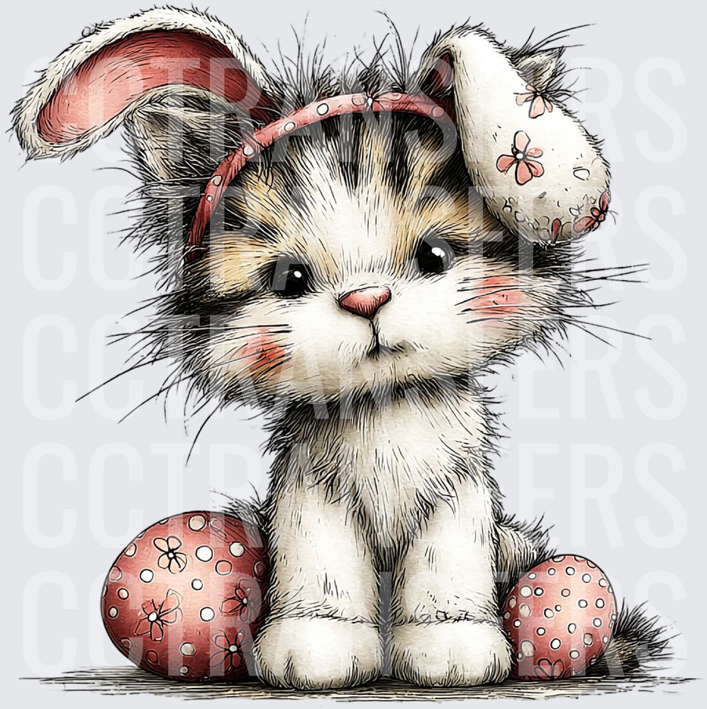 Fluffy Kitten Easter Bunny Ears Decorated Eggs (DTF)