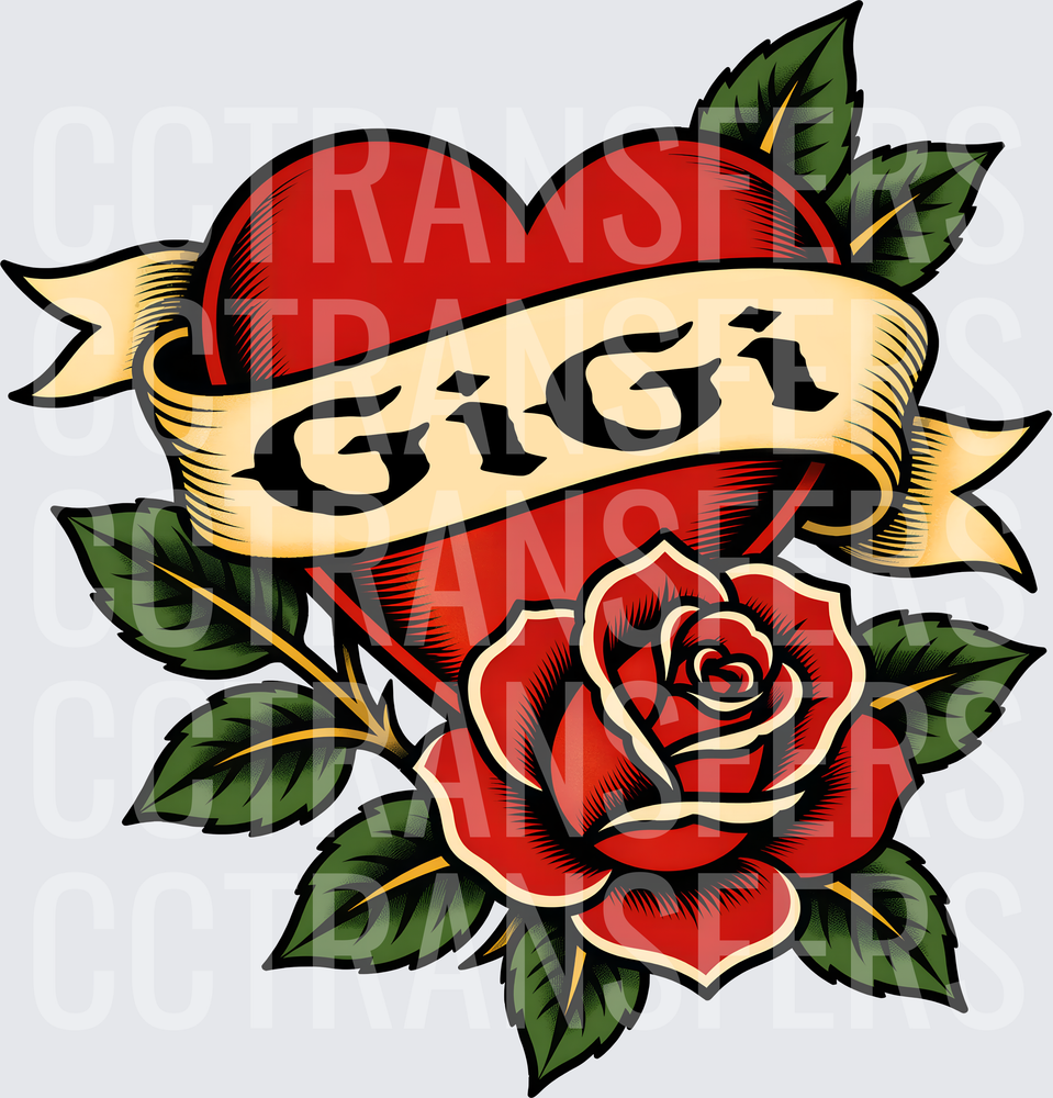 GiGi Old School Heart Rose Tattoo Banner (DTF)