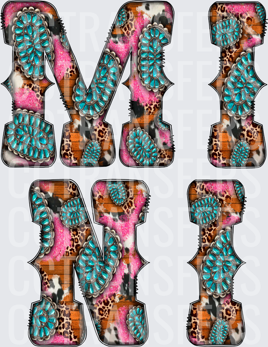 Western Turquoise Squash Blossom Letters M I N I (DTF)