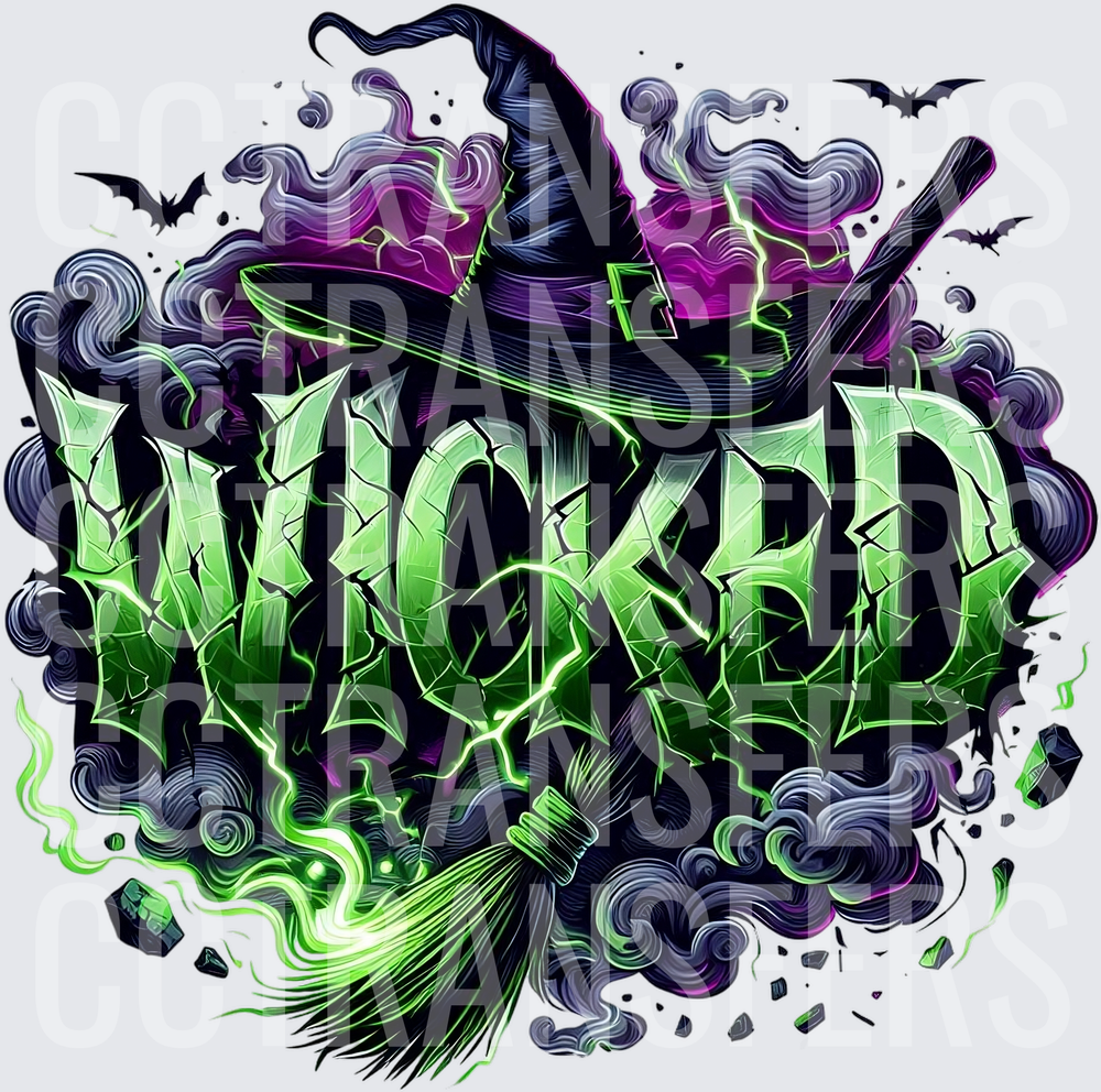 Wicked Cracked Green Lettering Witch Hat Broomstick Bats (DTF)