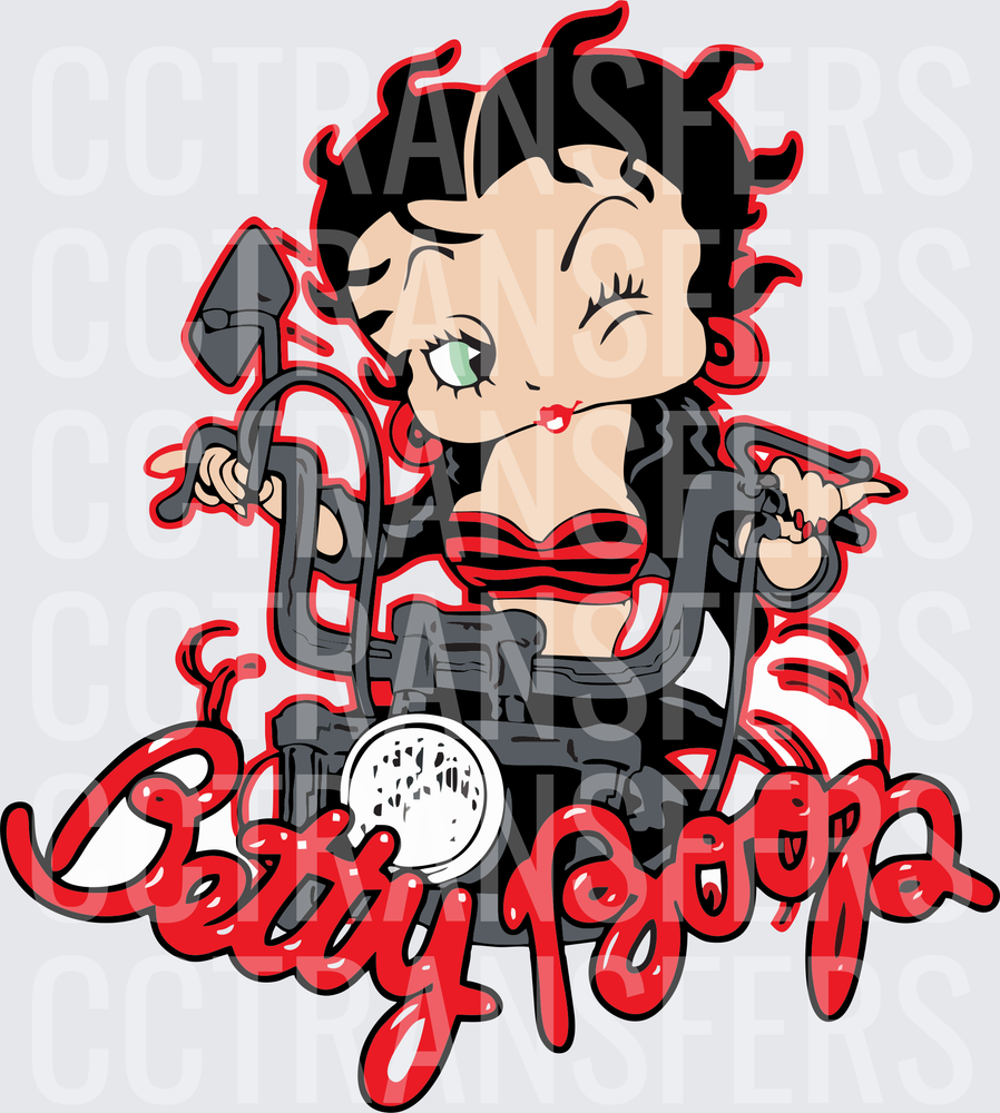 Biker Pinup Girl Riding Motorcycle Red Black Script (DTF)
