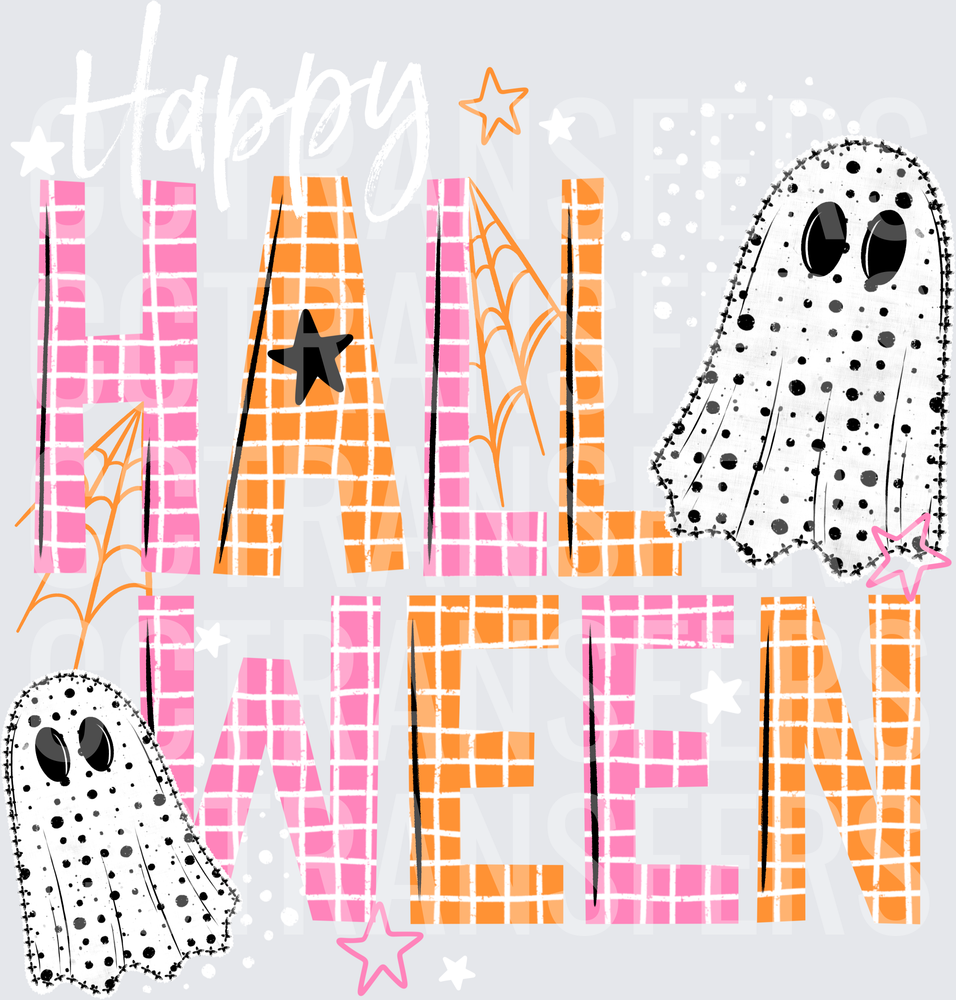 Halloween Pink Orange Plaid Ghosts Spiderwebs Stars (DTF)