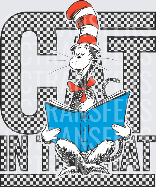 Cat In The Hat Reading Blue Book Checkered Letters (DTF)