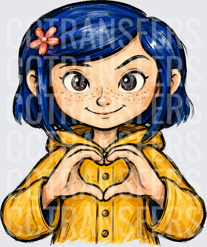 Blue-Haired Girl Yellow Raincoat Heart Hand Gesture (DTF)