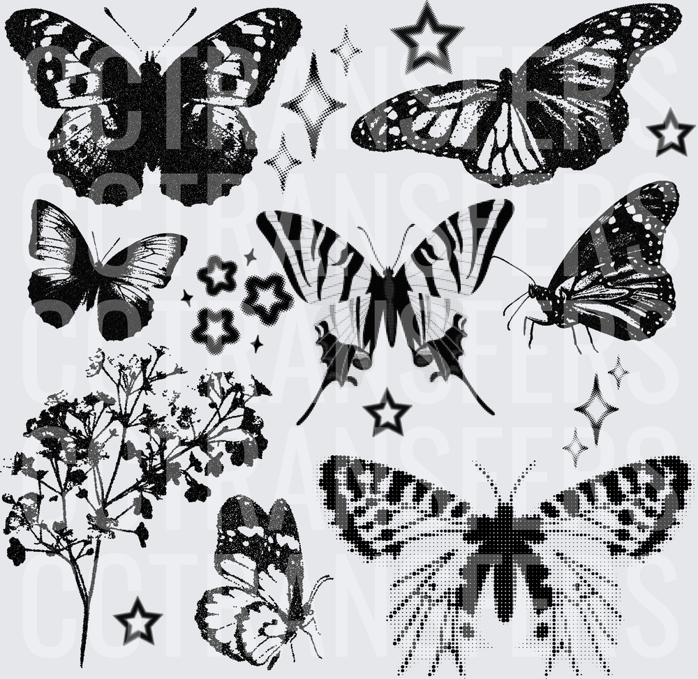 Black and White Butterfly Collage with Stars and Wildflowers (DTF)