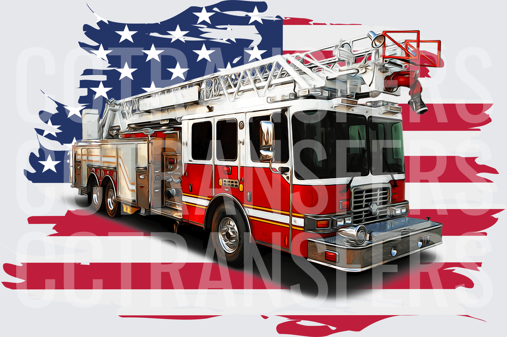 American Flag Aerial Ladder Fire Truck Patriotic (DTF)