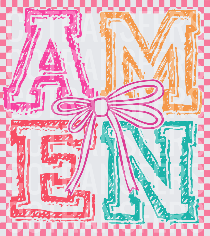 Colorful Checkered AMEN Block Letters with Bow (DTF)