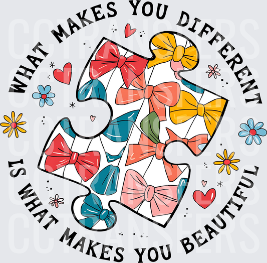 What Makes You Different Is What Makes You Beautiful Autism Puzzle Piece Bows (DTF)