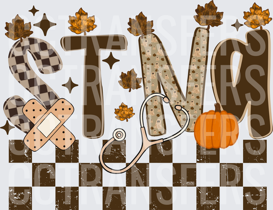 STNA Fall Autumn Checkered Stethoscope Pumpkin Leaves (DTF)