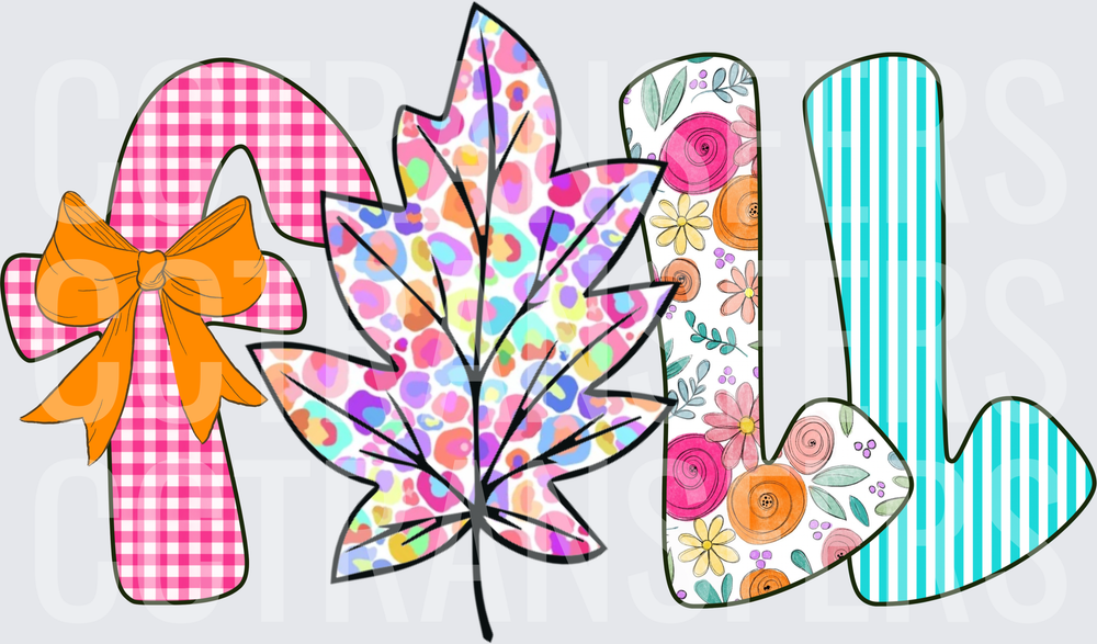 Colorful Patterned Fall Letters with Maple Leaf and Bow (DTF)
