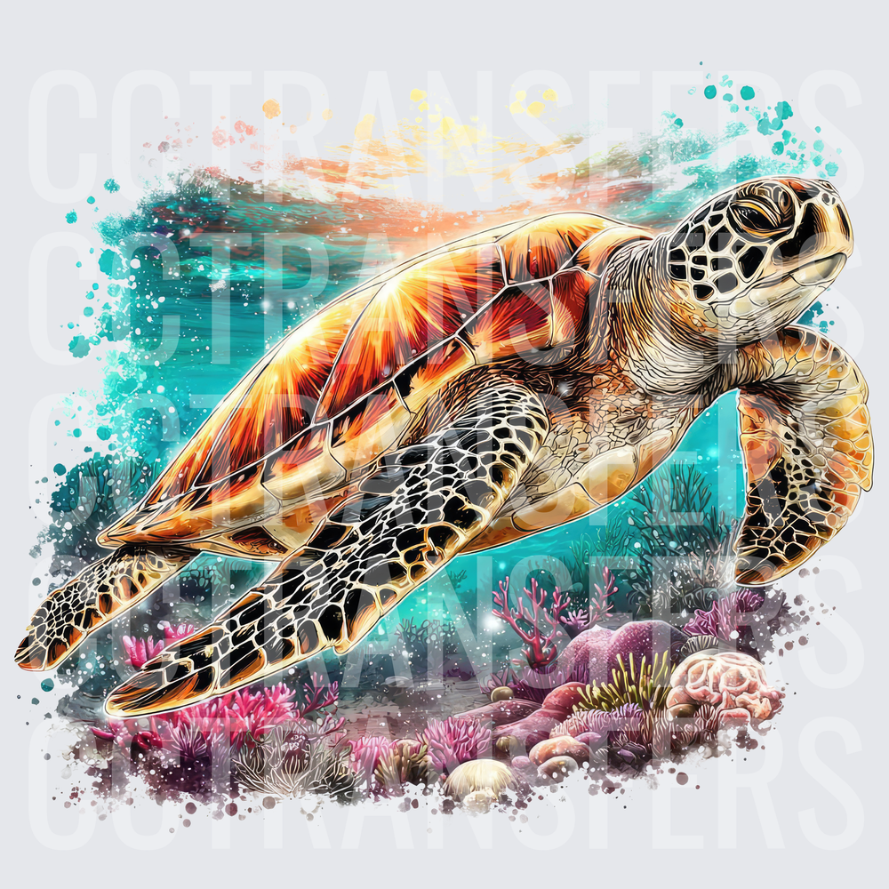 Vibrant Sea Turtle Swimming Over Coral Reef Watercolor (DTF)
