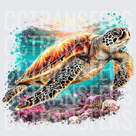 Vibrant Sea Turtle Swimming Over Coral Reef Watercolor (DTF)