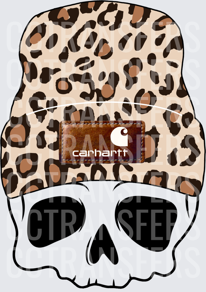 Skull Wearing Leopard Print Beanie with Patch (DTF)