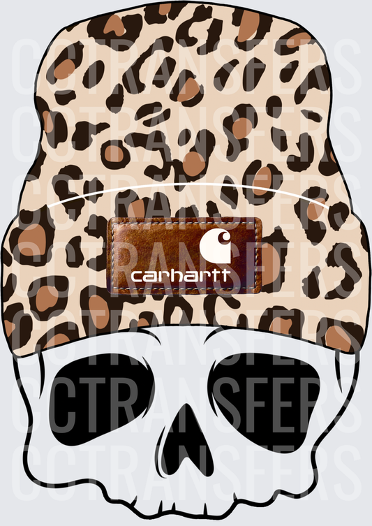 Skull Wearing Leopard Print Beanie with Patch (DTF)