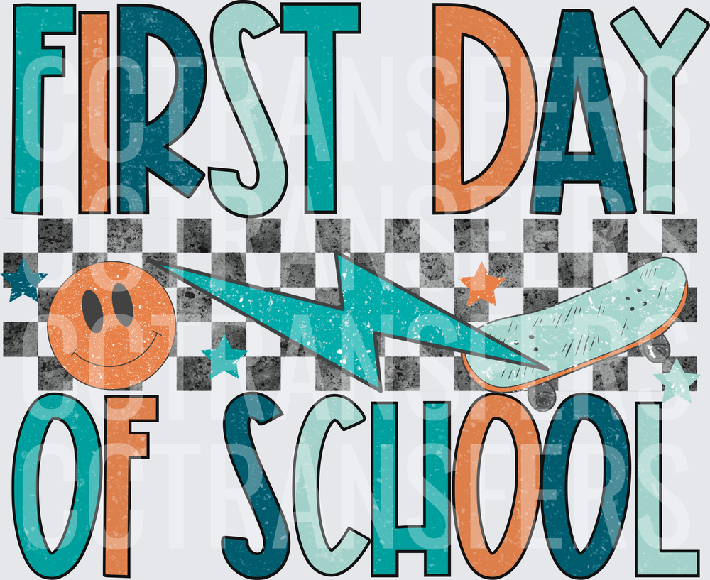 First Day Of School Retro Smiley Skateboard Lightning (DTF)