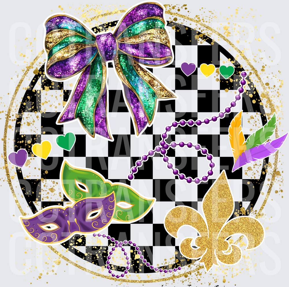 Mardi Gras Checkerboard Glitter Bow Mask Fleur de Lis (DTF)
