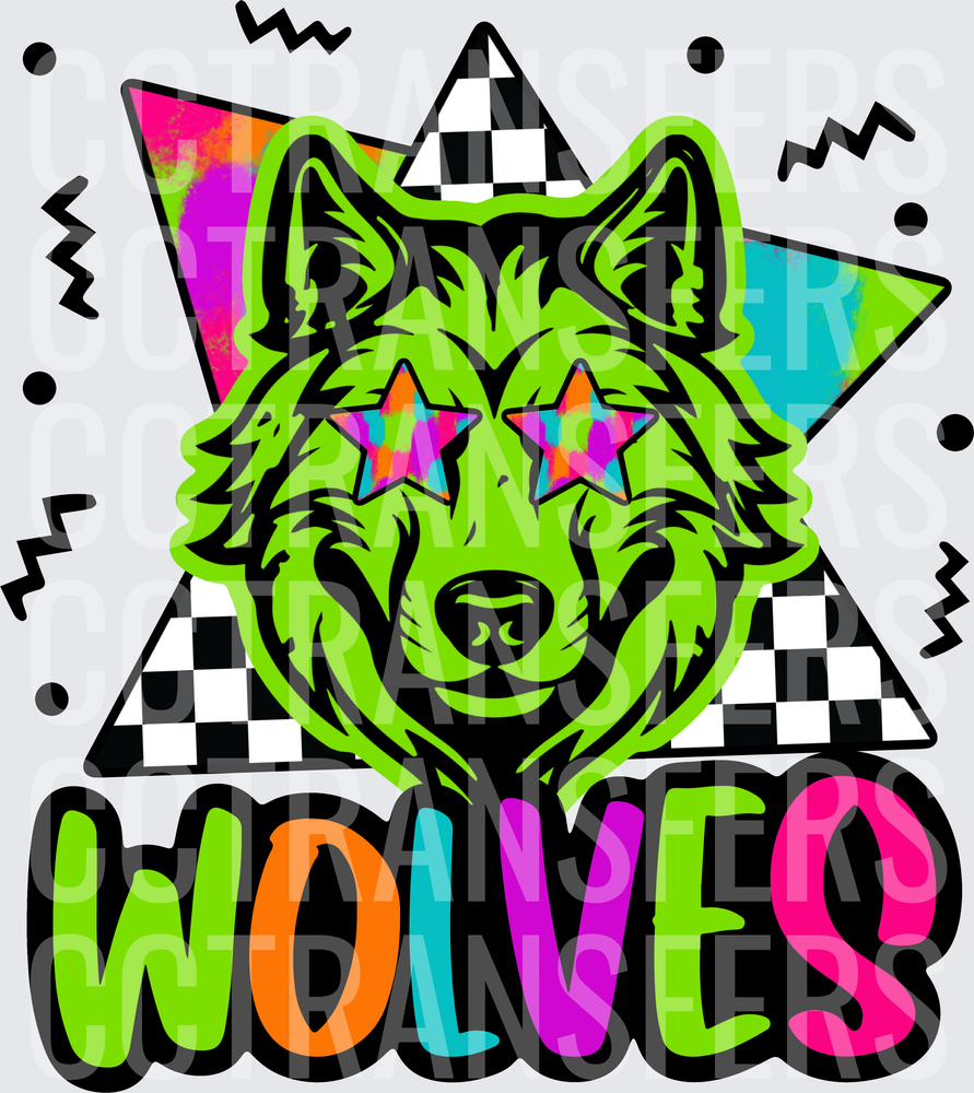 Retro Neon Wolf Star Eyes Checkered Wolves (DTF)