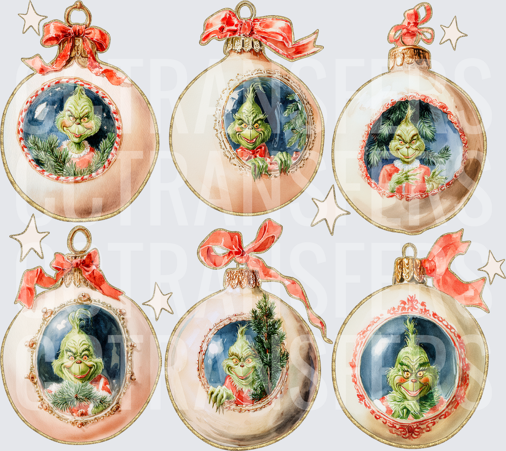 Grinch Watercolor Christmas Ornament Set of Six (DTF)