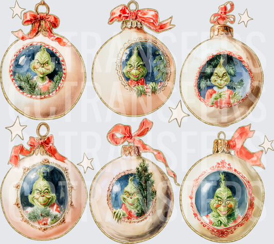 Grinch Watercolor Christmas Ornament Set of Six (DTF)