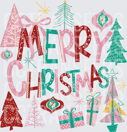 Merry Christmas Retro Pink Teal Trees Ornaments Gifts DTF