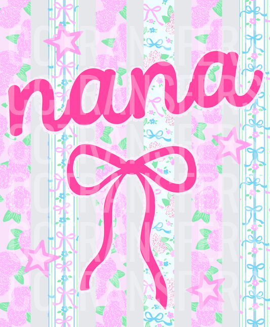 Nana Hot Pink Bow Script Floral Stripe Stars (DTF)