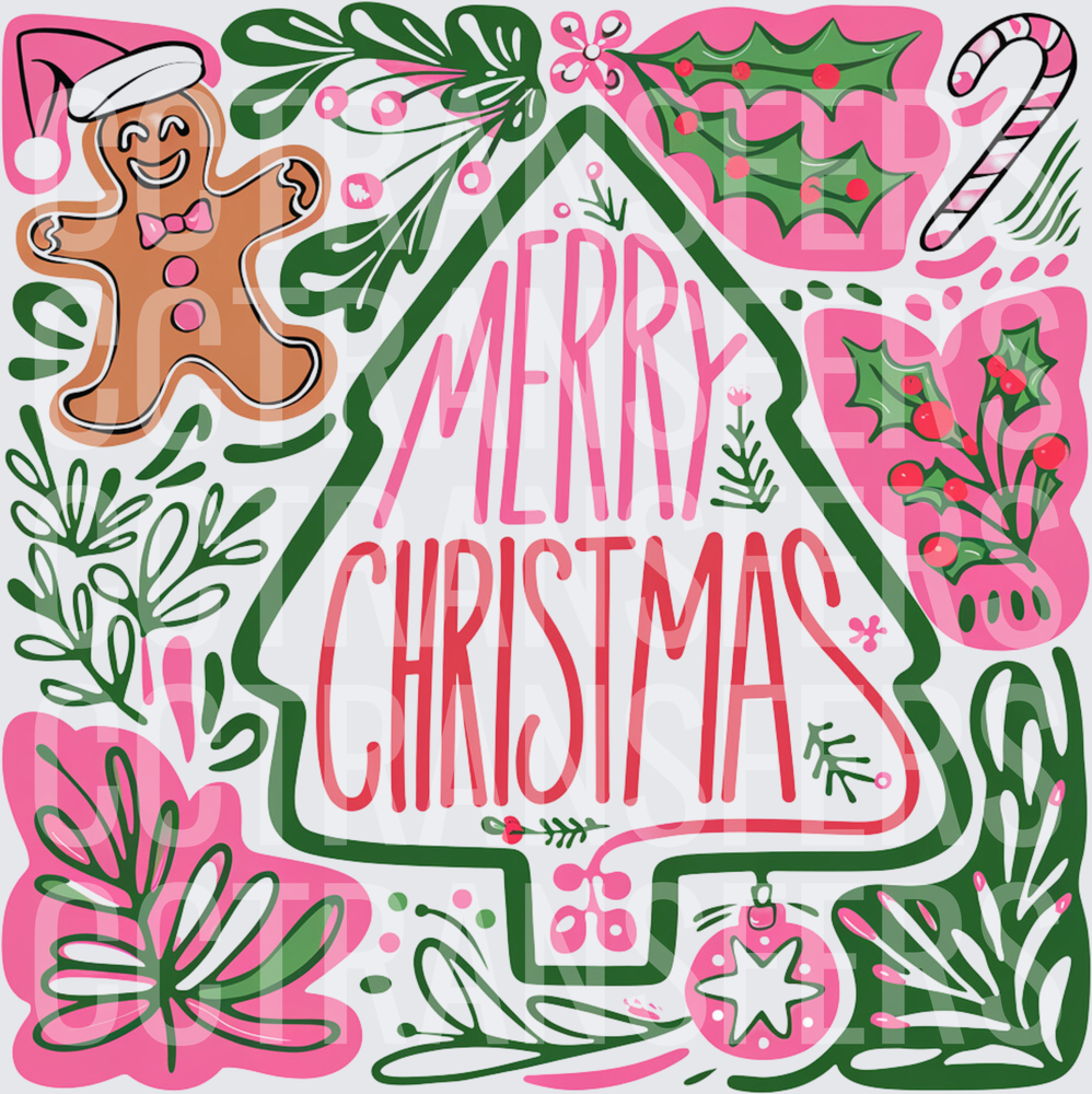 Merry Christmas Tree Gingerbread Man Holly Pink Green (DTF)