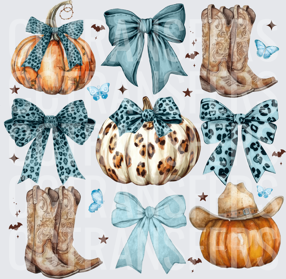 Western Fall Pumpkins Bows Cowboy Boots Leopard Print (DTF)