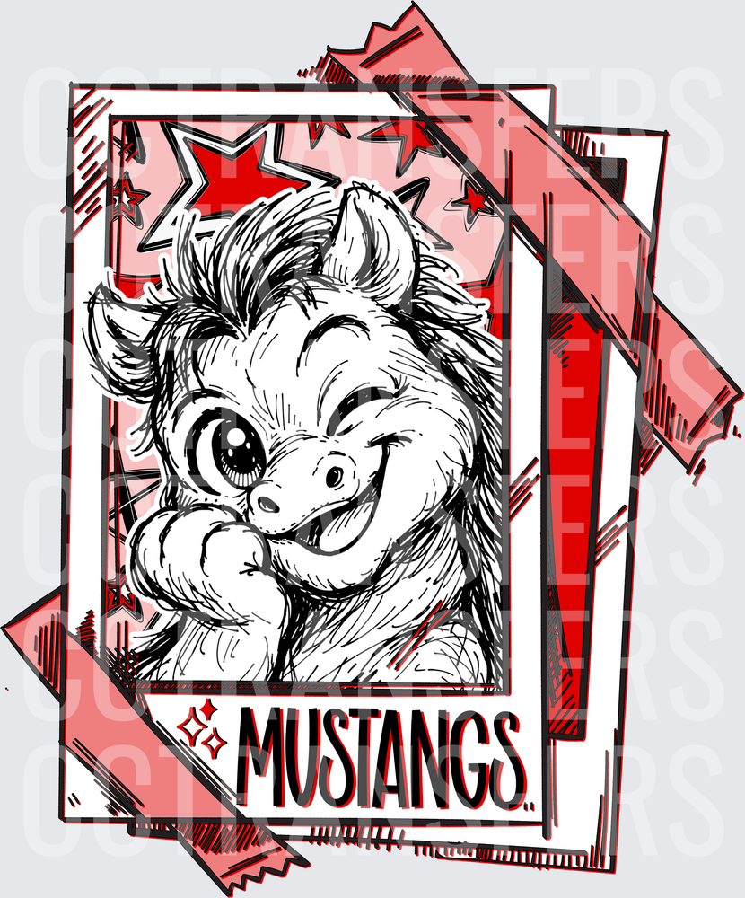 Mustangs Mascot Smirking Horse Sketch Card Red Stars DTF