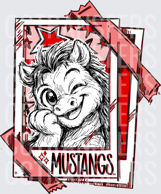 Mustangs Mascot Smirking Horse Sketch Card Red Stars DTF