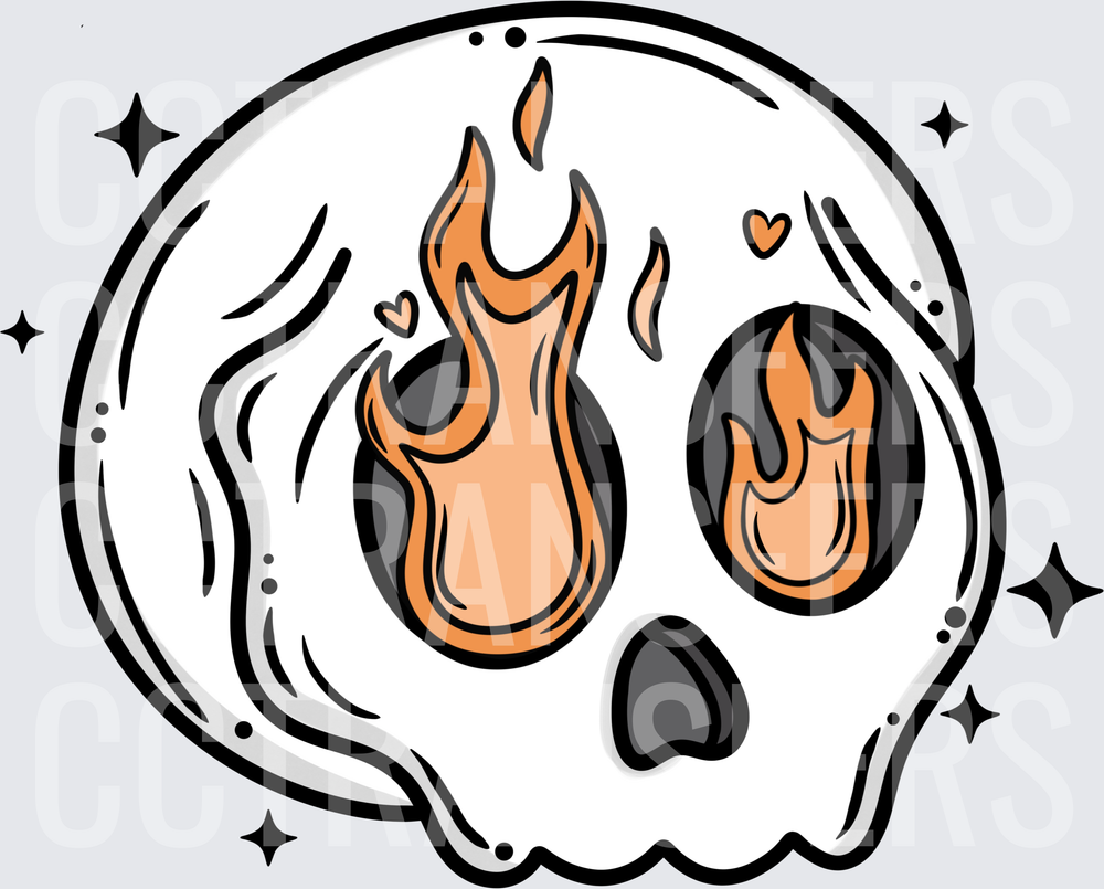 Cute Skull with Flaming Eyes and Sparkle Hearts (DTF)