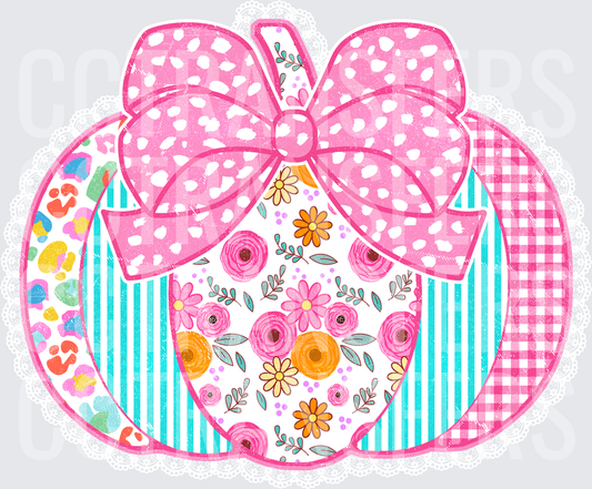 Patchwork Pumpkin Pink Bow Floral Gingham Design (DTF)