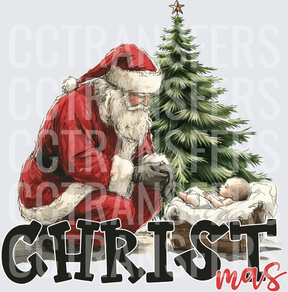 CHRISTmas Santa Kneeling at Manger with Christmas Tree (DTF)