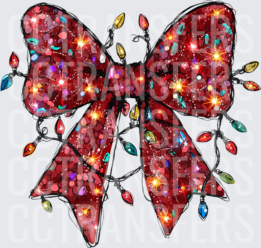 Glitter Red Bow Wrapped in Colorful Christmas Lights (DTF)