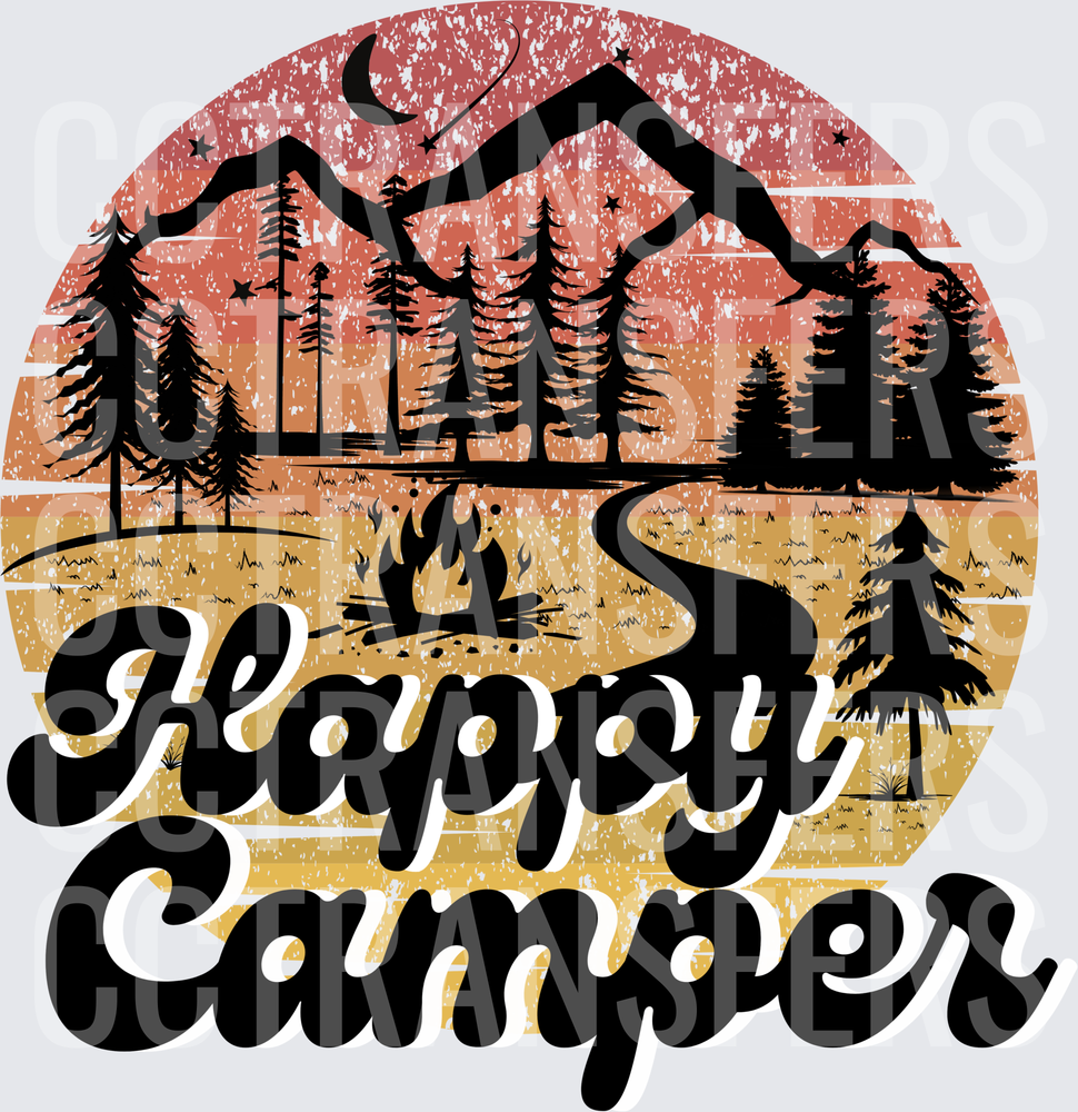 Happy Camper Retro Sunset Mountain Campfire Scene (DTF)