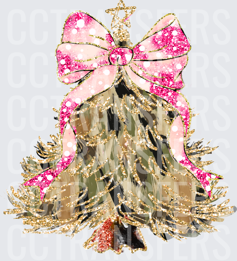 Glitter Gold Christmas Tree Pink Bow Star Topper (DTF)