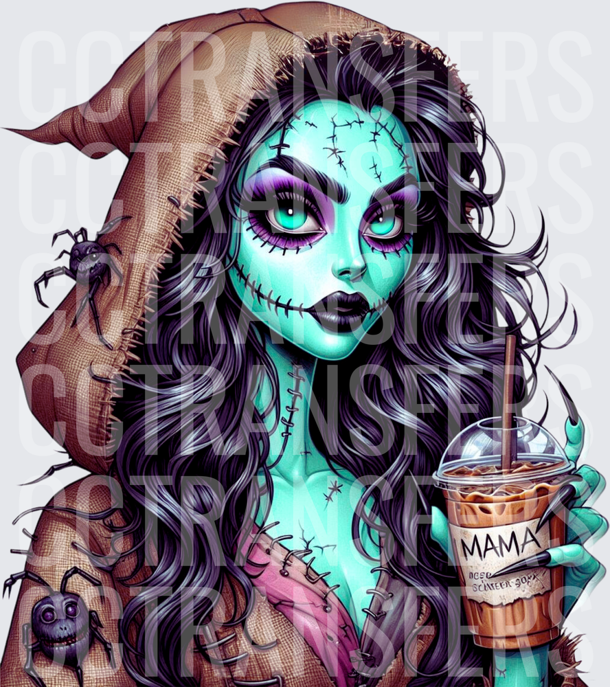 Stitched Ragdoll Girl Mama Iced Coffee Spooky (DTF)