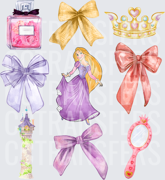 Long-Haired Princess Tower Bows Crown Mirror Bundle (DTF)