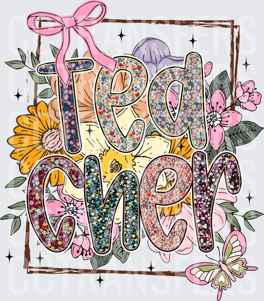 Floral Ditsy Pattern Teacher Bow Butterfly Blooms DTF
