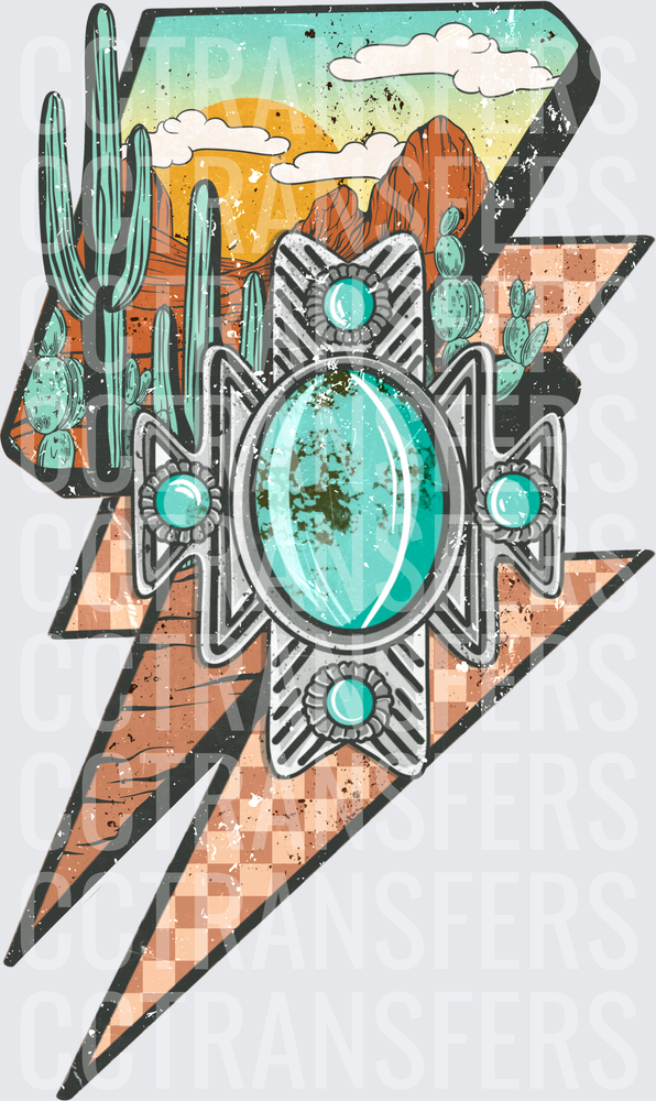 Western Desert Lightning Bolt Turquoise Concho Cactus (DTF)
